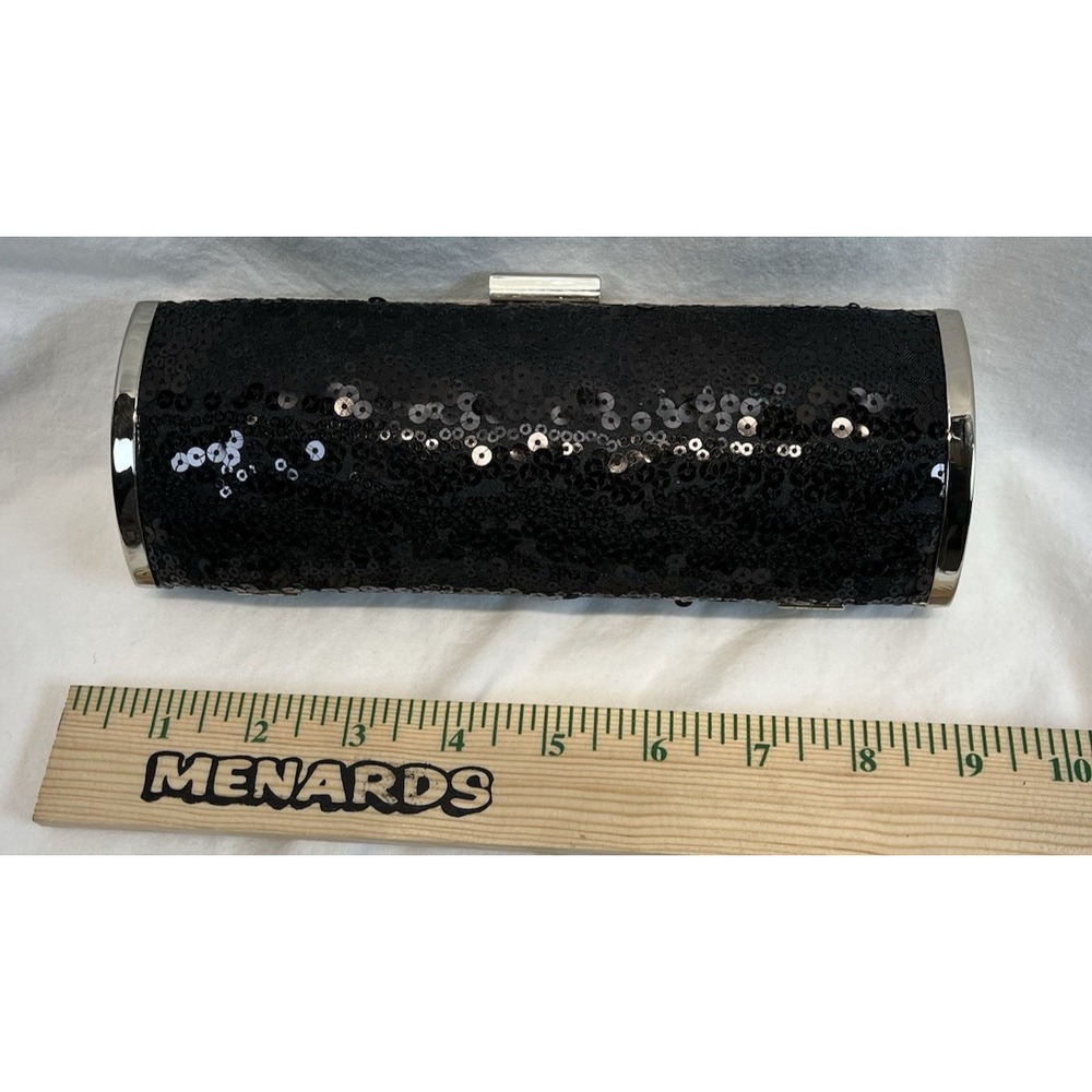 WHBM White House Black Market Sequin Evening Hinged Clutch w Chain Strap Black